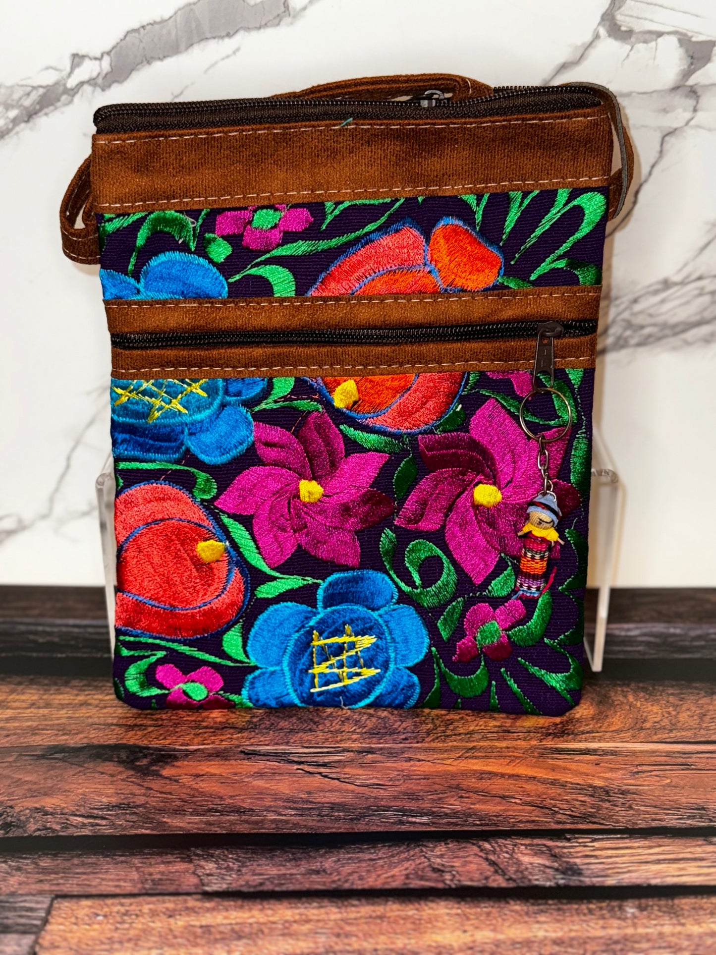 Embroidered Floral Crossbody Passport Bag