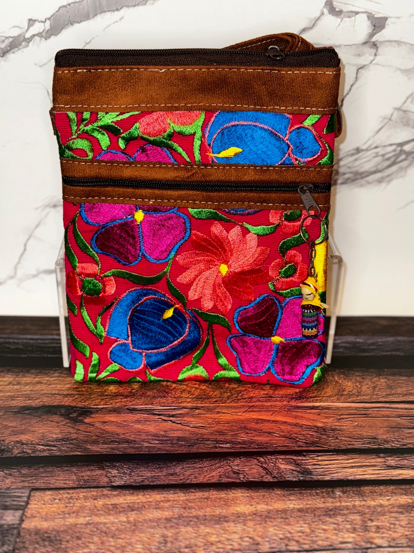 Embroidered Floral Crossbody Passport Bag