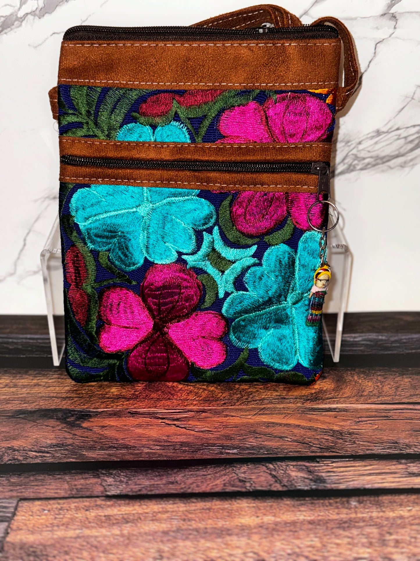 Embroidered Floral Crossbody Passport Bag