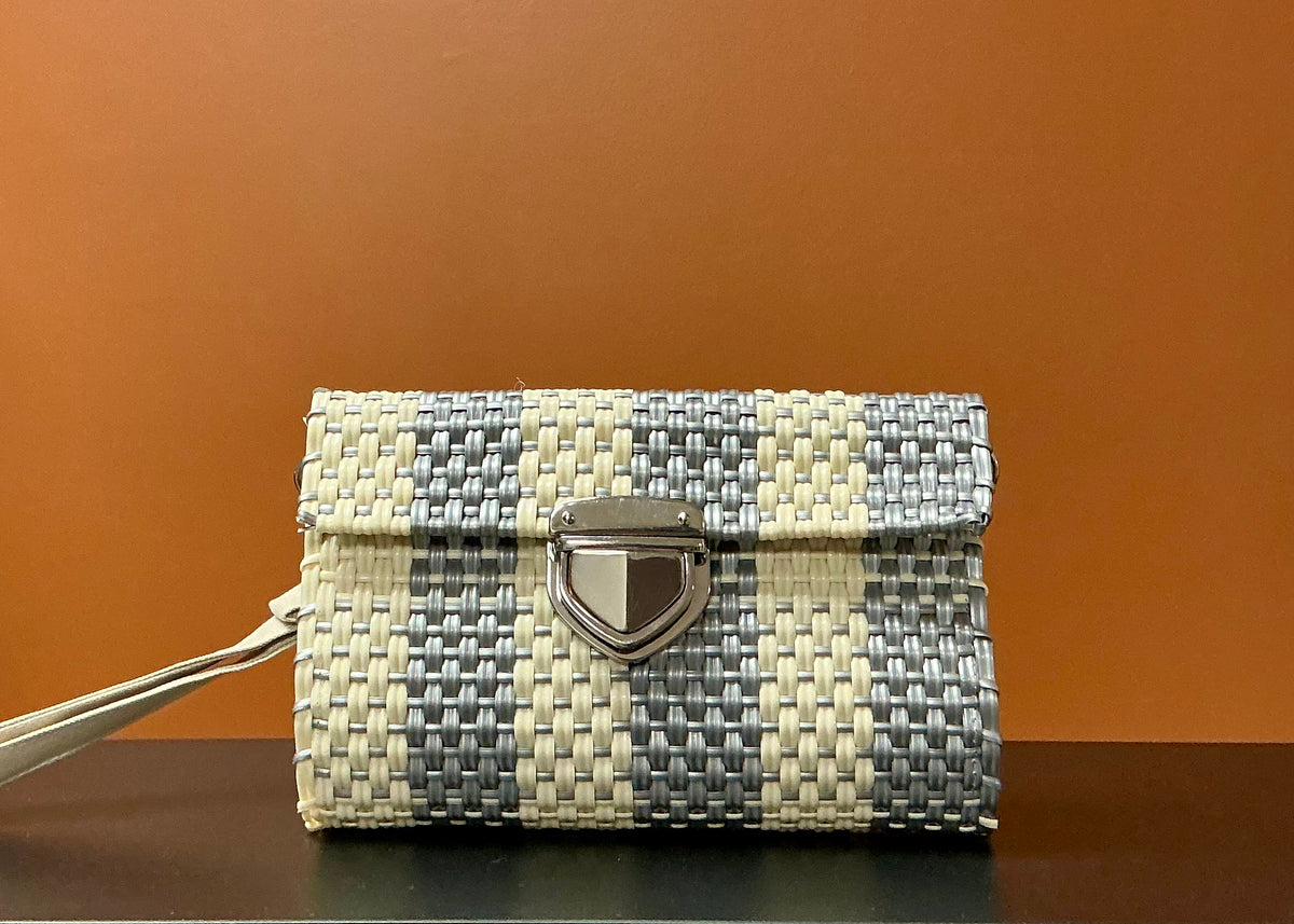 Handwoven Plastic Clutch - White & Gray