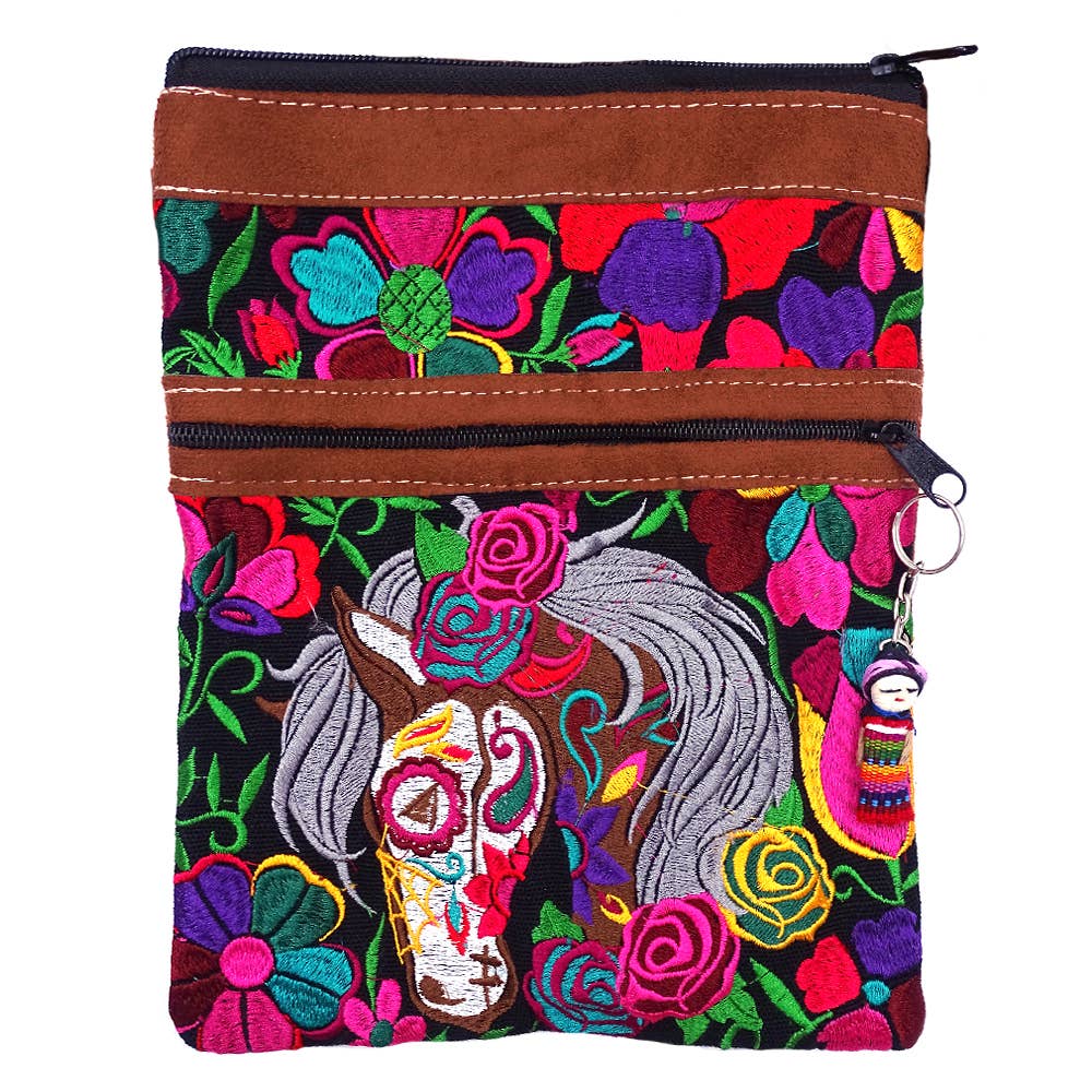Embroidered Horse Leather Crossbody Passport Bag