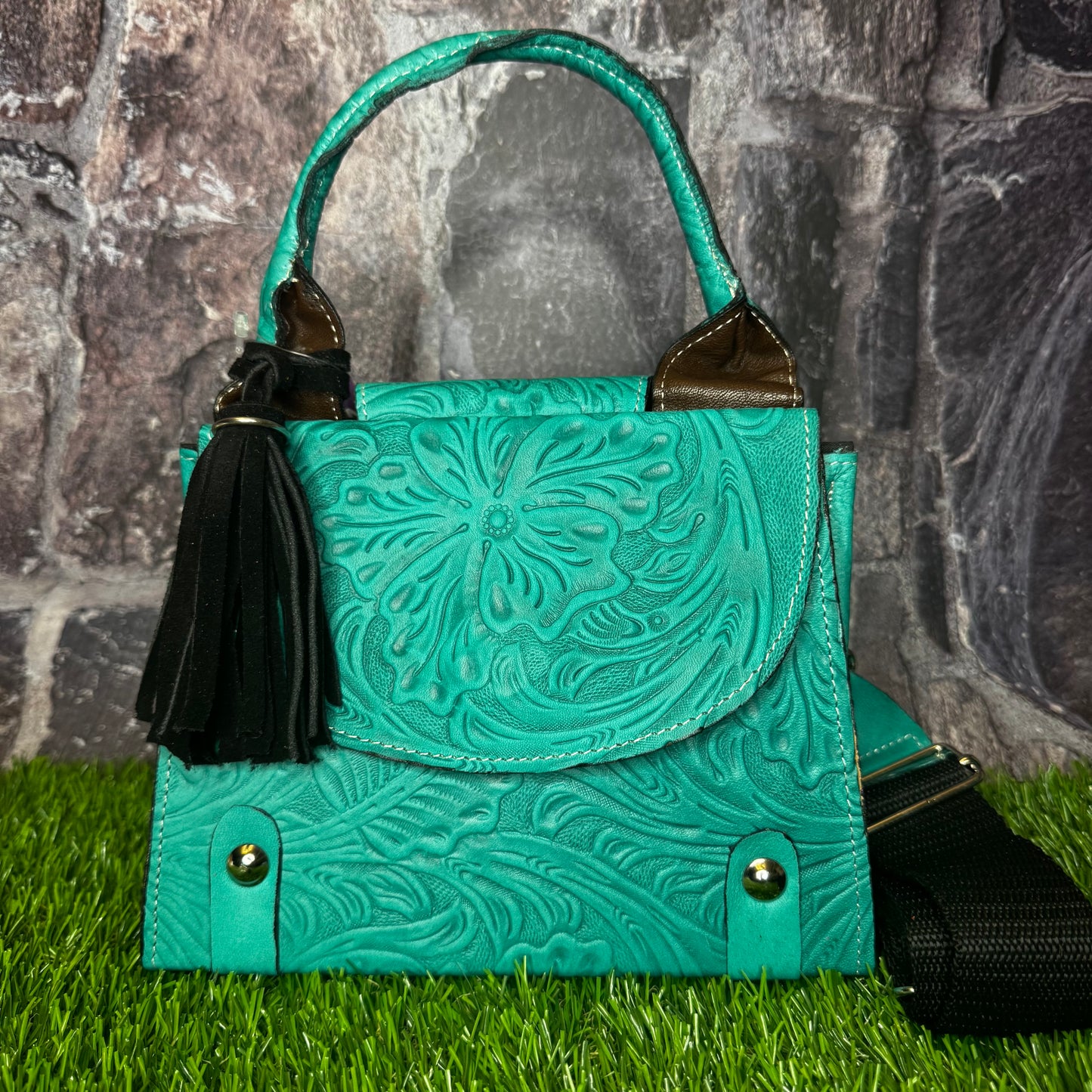Regina Leather Handbag, Turquoise