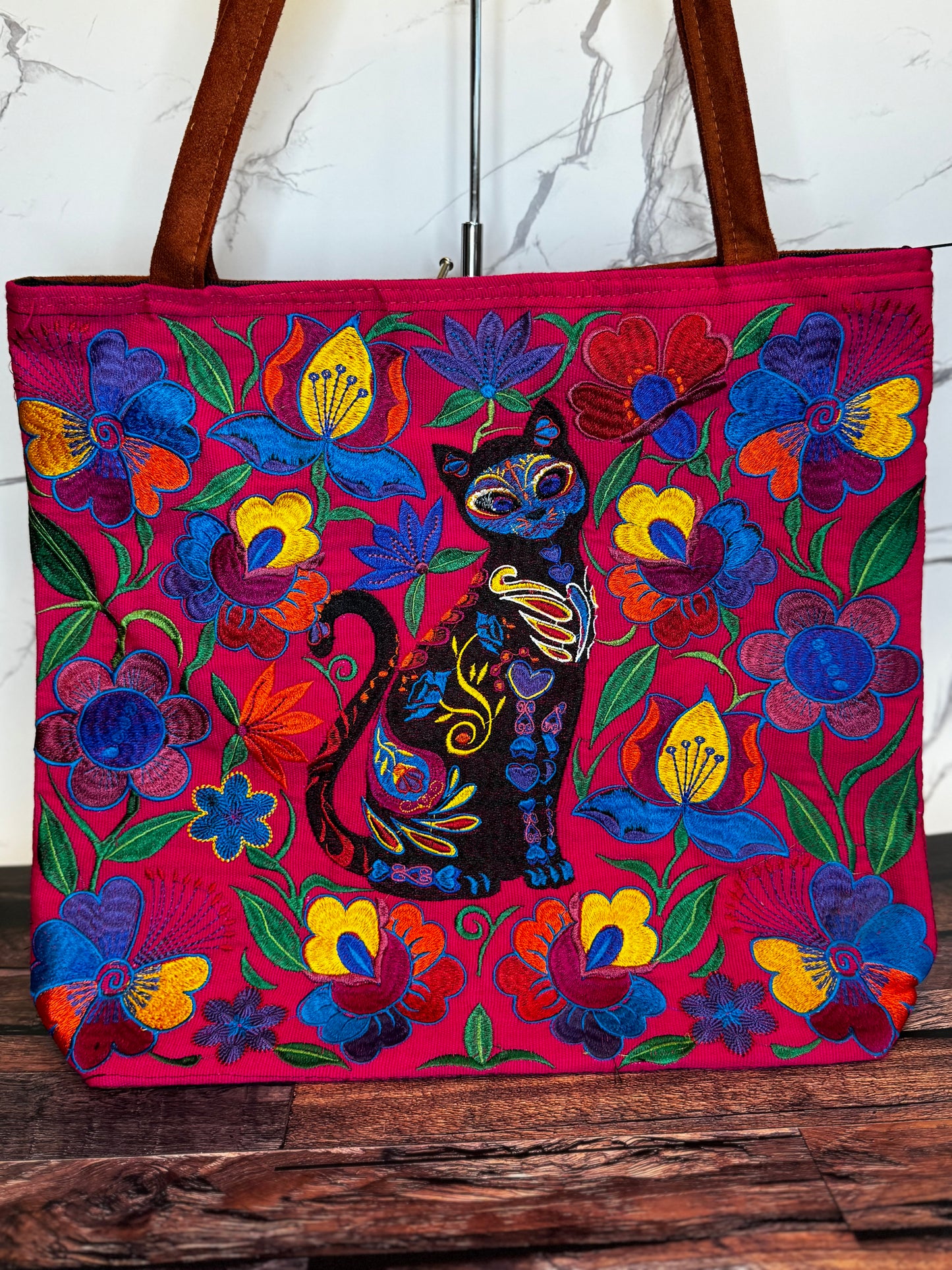 Embroidered Sugar Skull Cat Large Suede Tote Bag