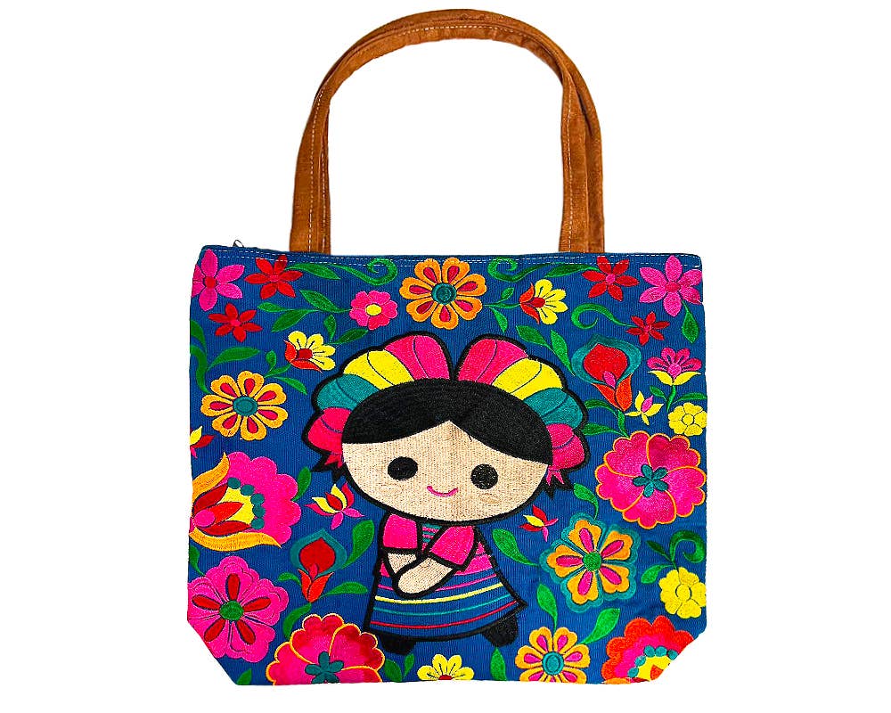 Embroidered Floral Muñeca Lelé Large Suede Tote Bag