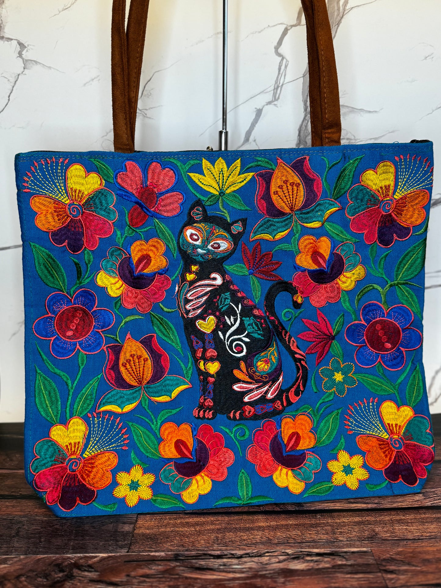 Embroidered Sugar Skull Cat Large Suede Tote Bag