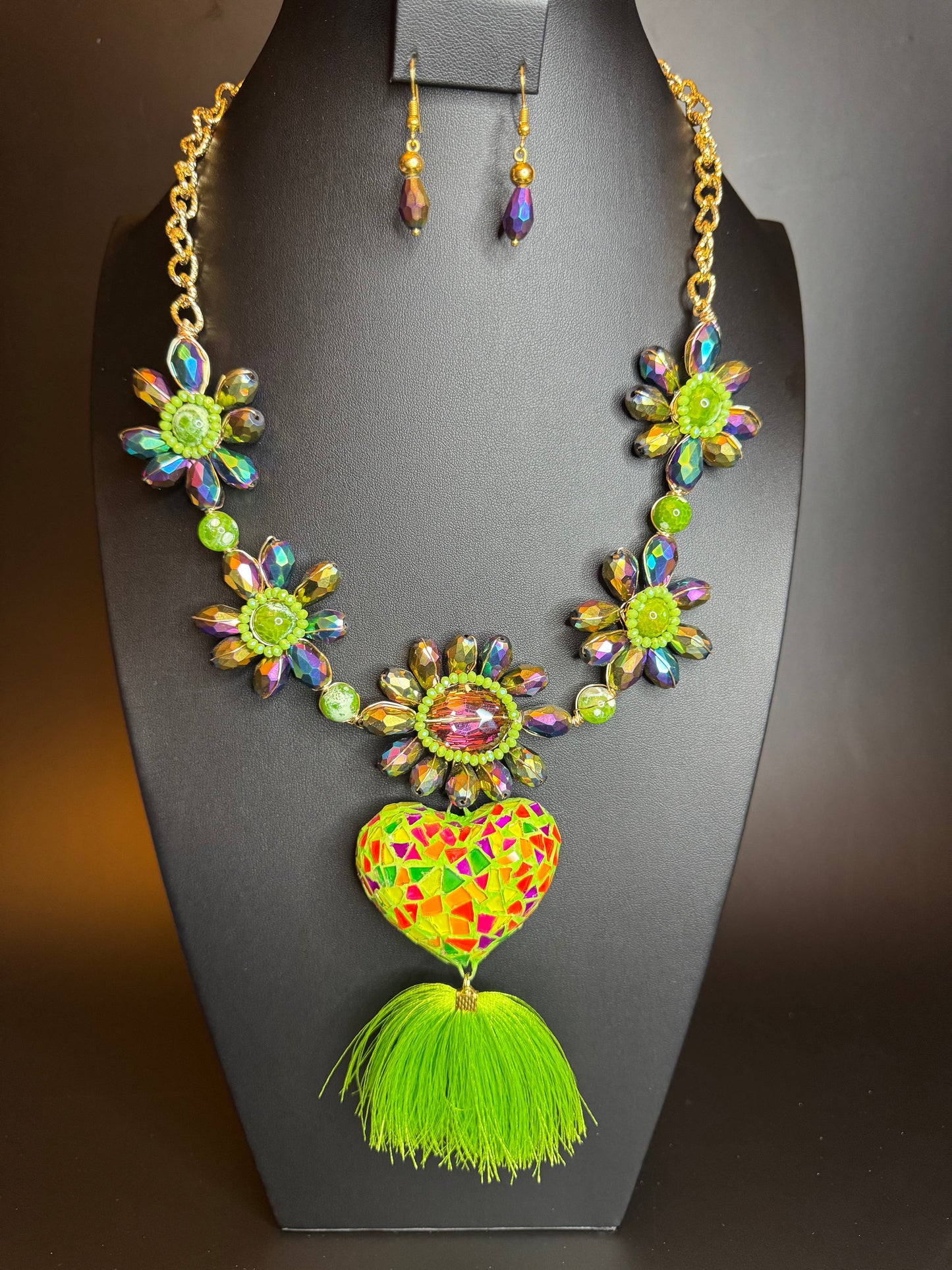 Corazon Vitral Peridot Alambrismo Necklace & Earrings