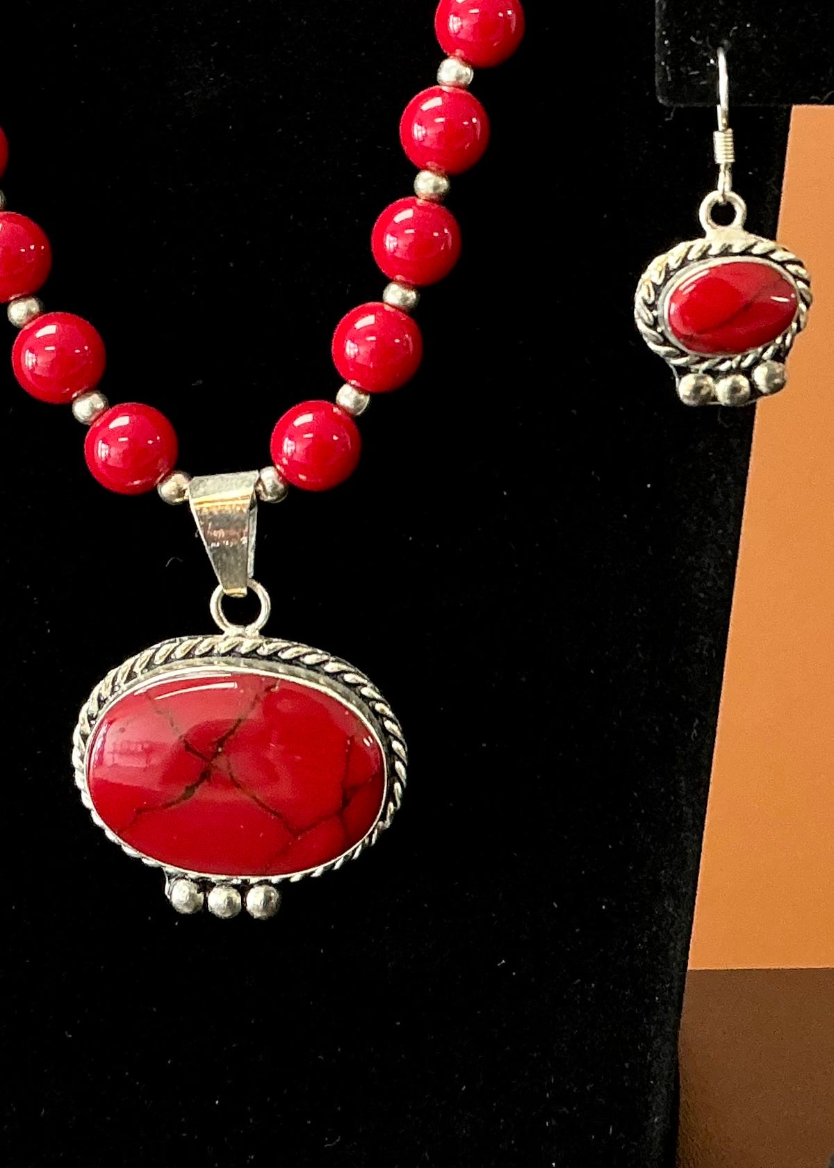 Coral Red Necklace & Earring Set - Oval