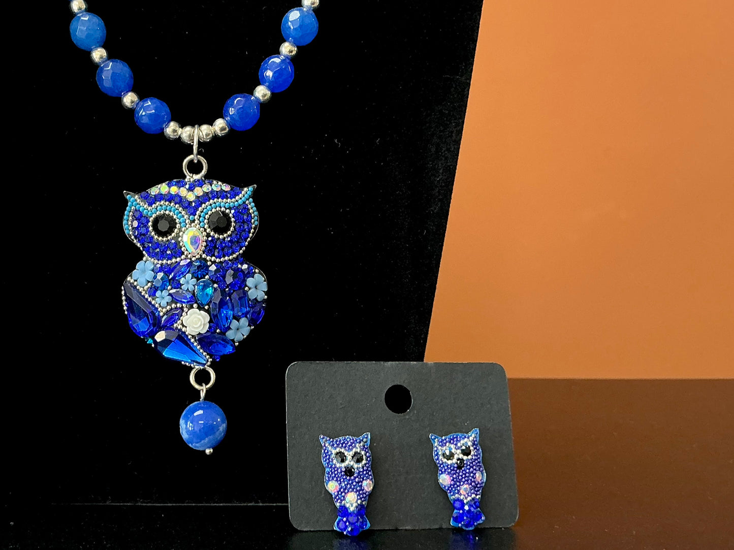 Owl Statement Necklace & Earrings - Blue