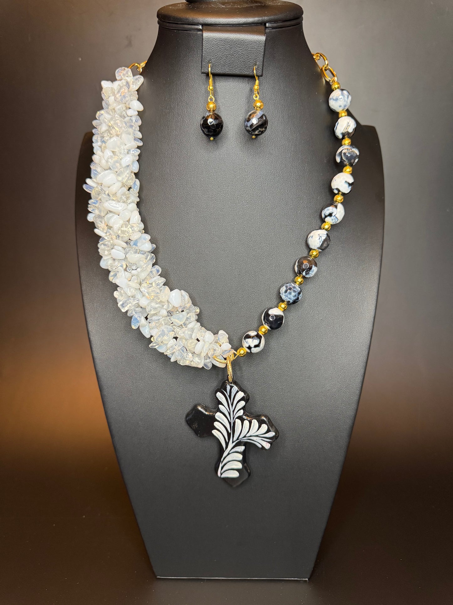 Moonstone Cross Necklace & Earrings