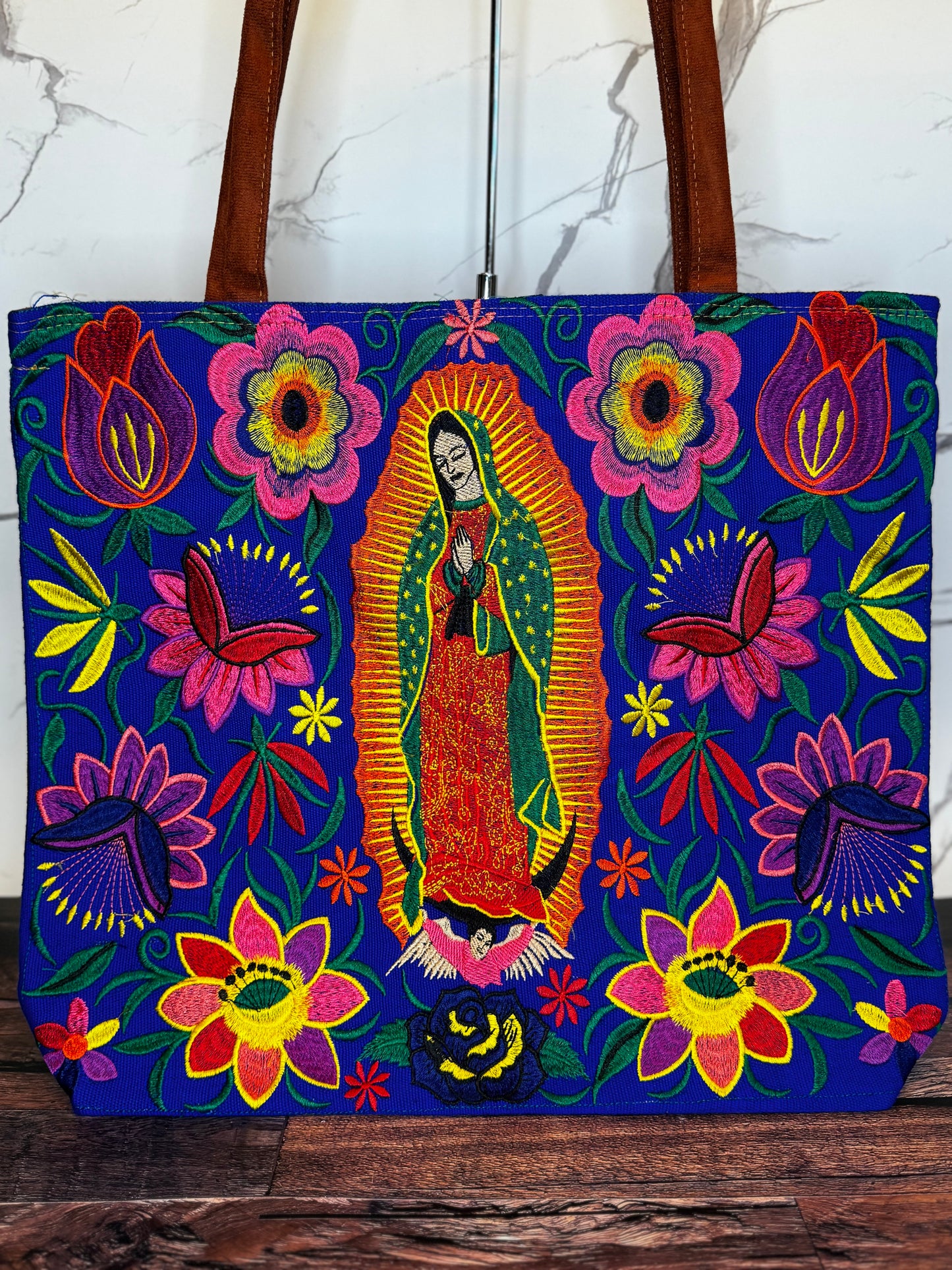 Embroidered Floral Virgen de Guadalupe Large Suede Tote Bag