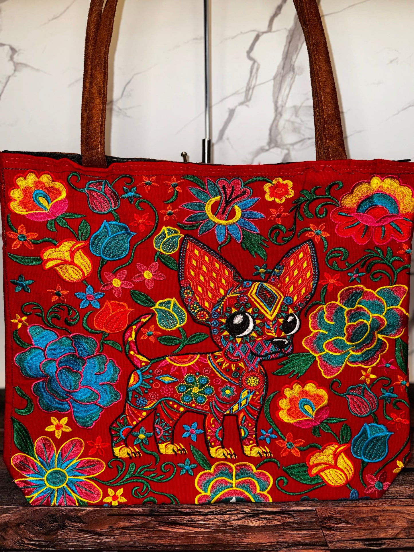 Embroidered Floral Chihuahua Dog Large Suede Tote Bag