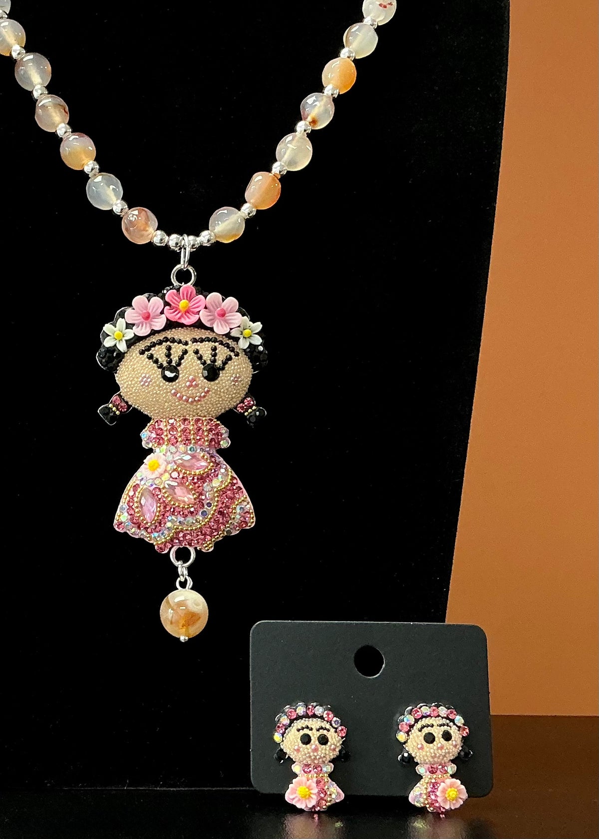 Frida Necklace & Earrings Set - Peach & Pink