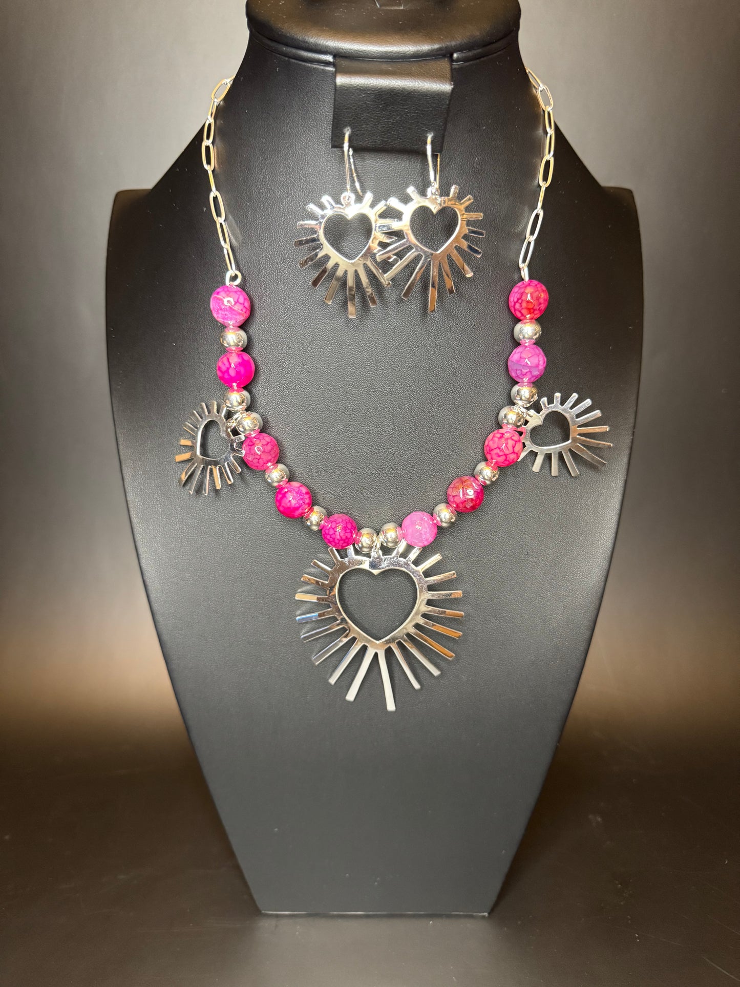Pink Fluorite Heart Necklace & Earrings