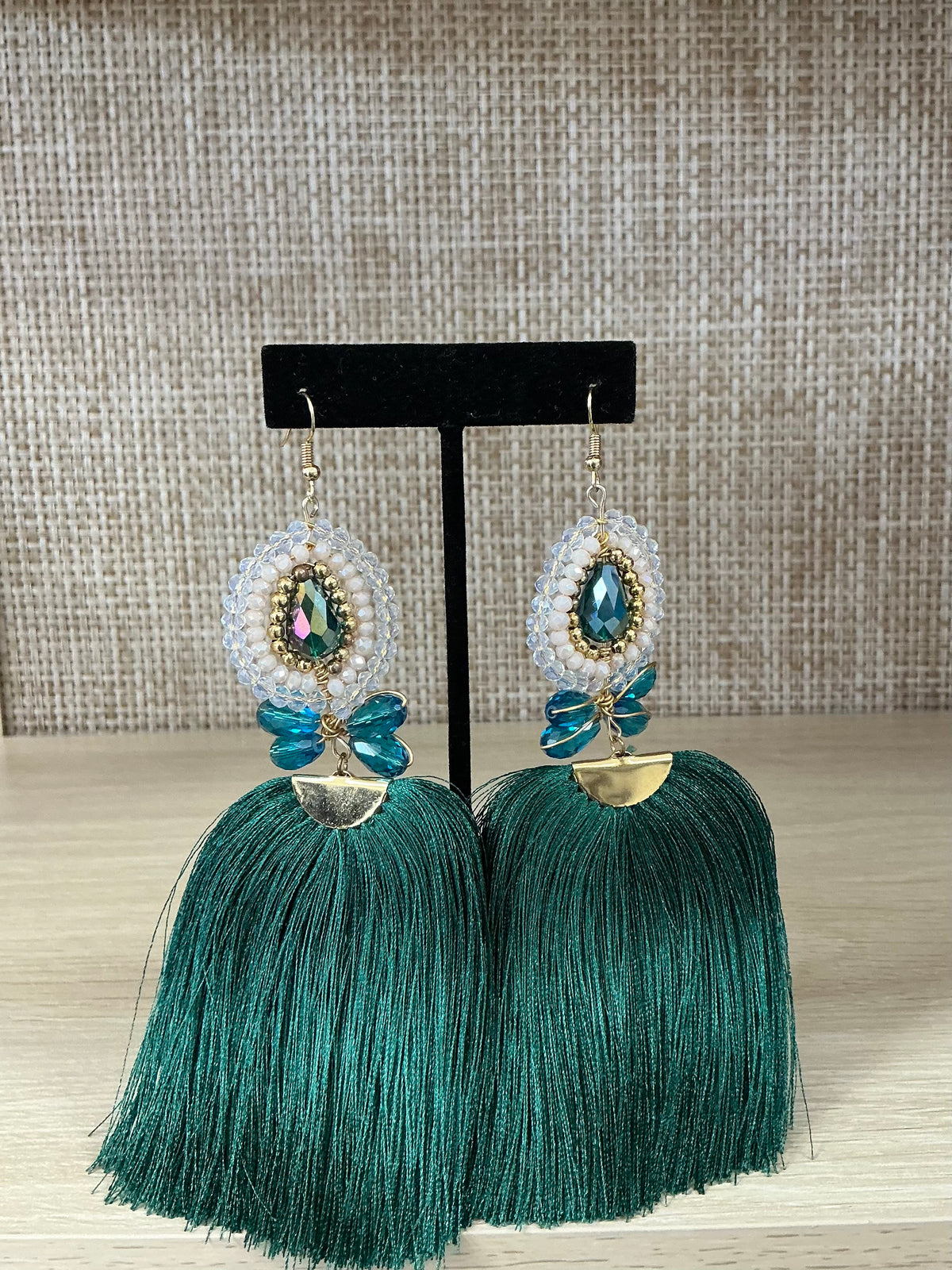 Crystal Beaded Tassel Statement Earrings