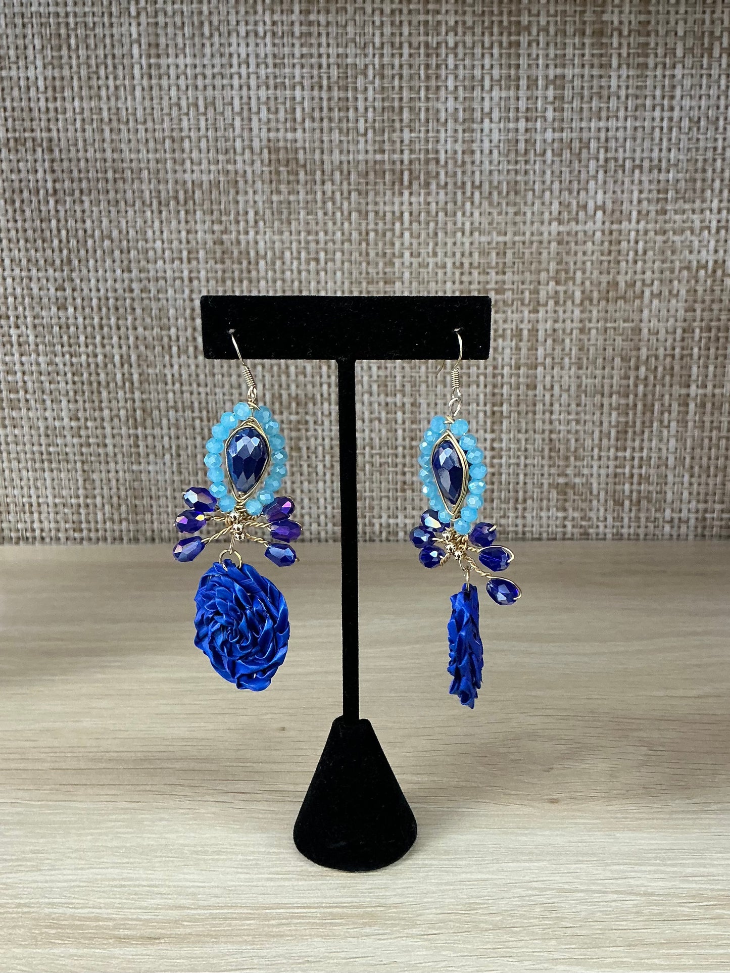 Blue Crystal Rose Statement Earrings