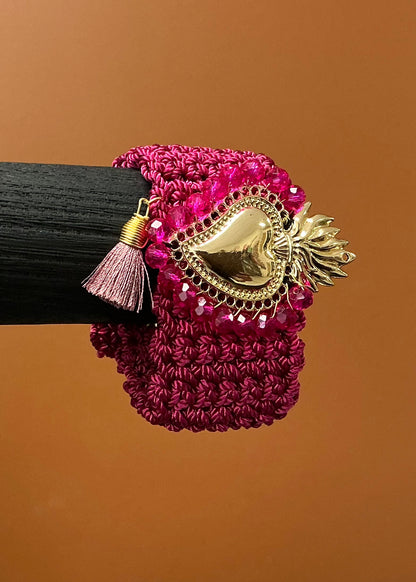 Pink Sacred Heart Crocheted Bracelet