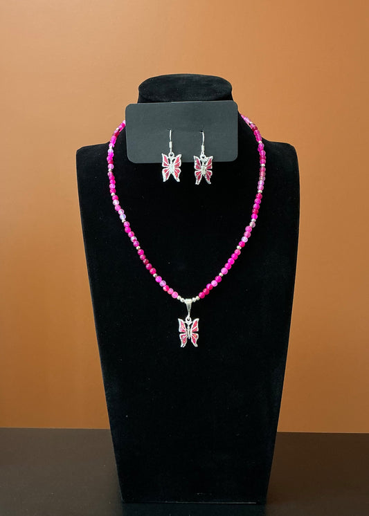 Butterfly Necklace & Earrings - Pink