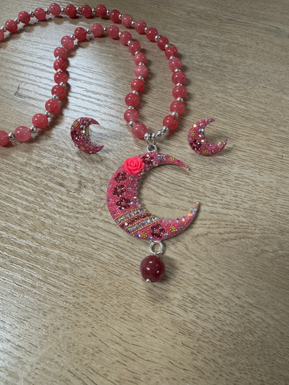 Luna Statement Necklace & Earrings - Pink