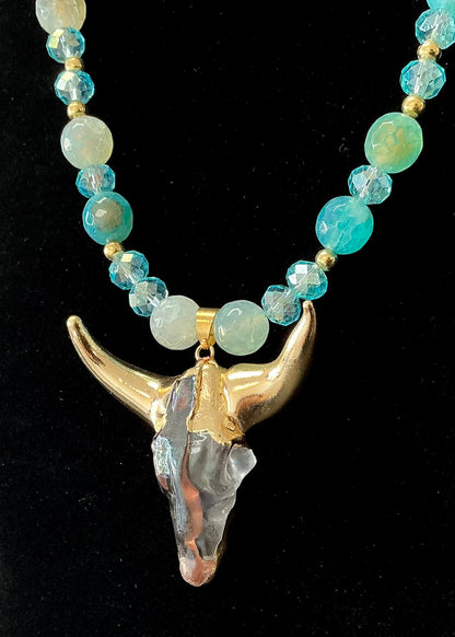 Golden Bull Necklace & Earring Set - Blue