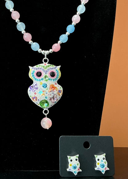 Owl Necklace & Earrings Set - White