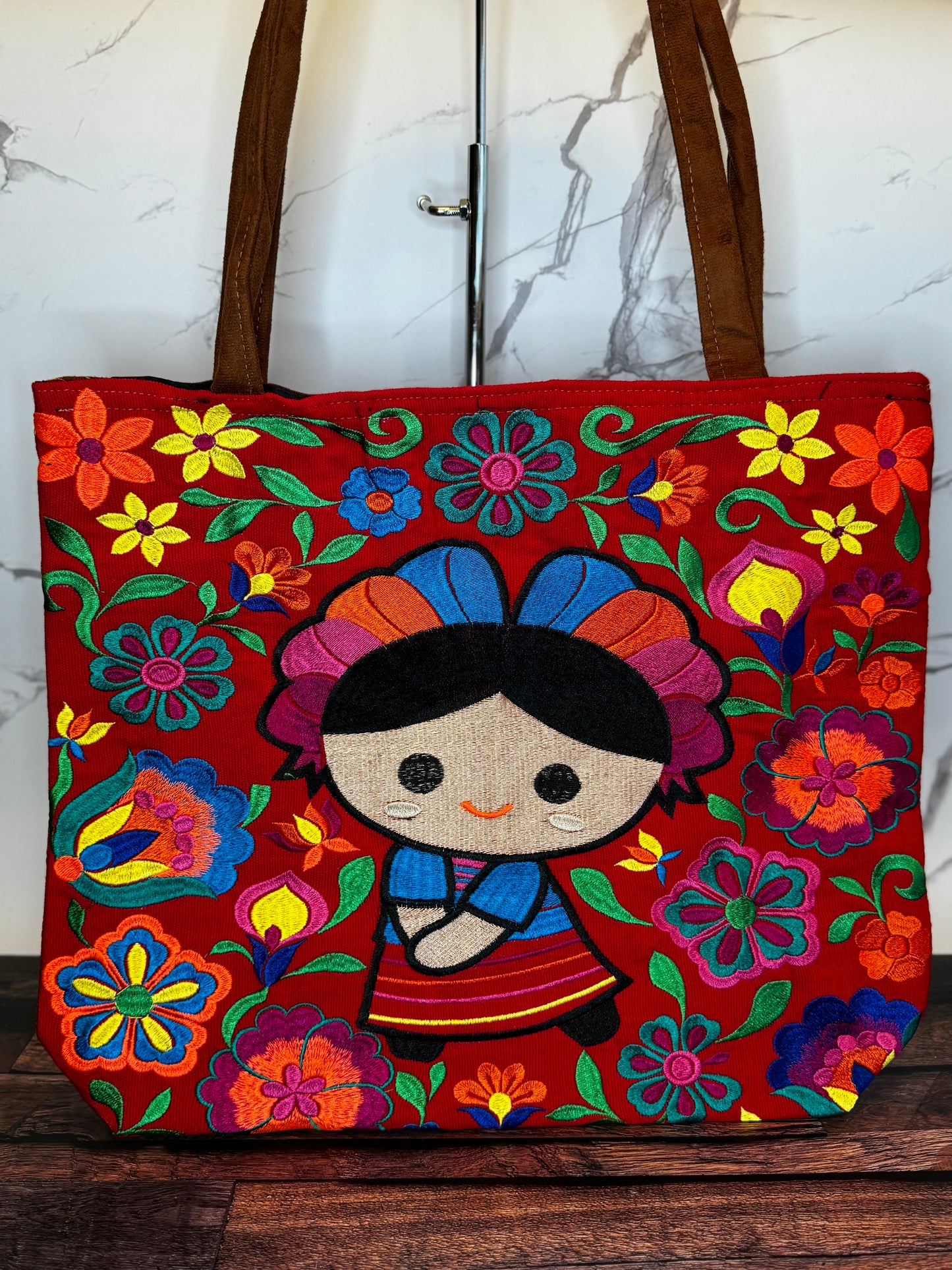Embroidered Floral Muñeca Lelé Large Suede Tote Bag
