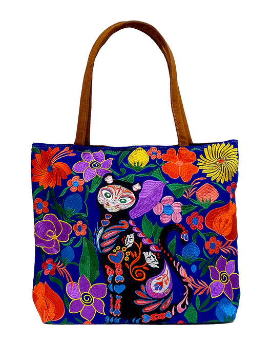 Embroidered Sugar Skull Cat Large Suede Tote Bag