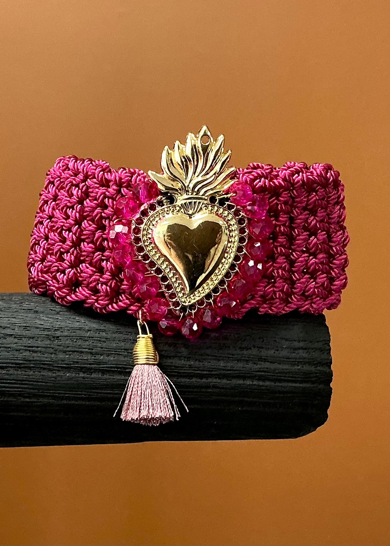 Pink Sacred Heart Crocheted Bracelet