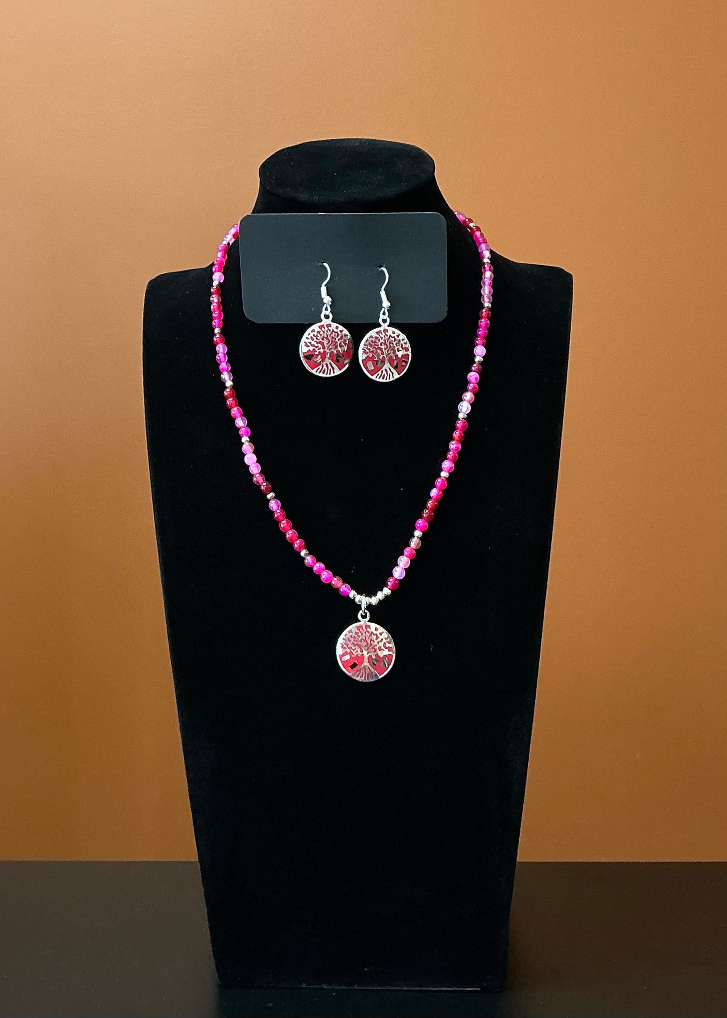 Tree of Life Circle Necklace & Earrings - Pink