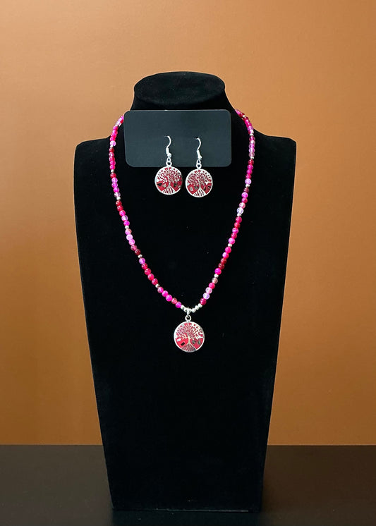 Tree of Life Circle Necklace & Earrings - Pink