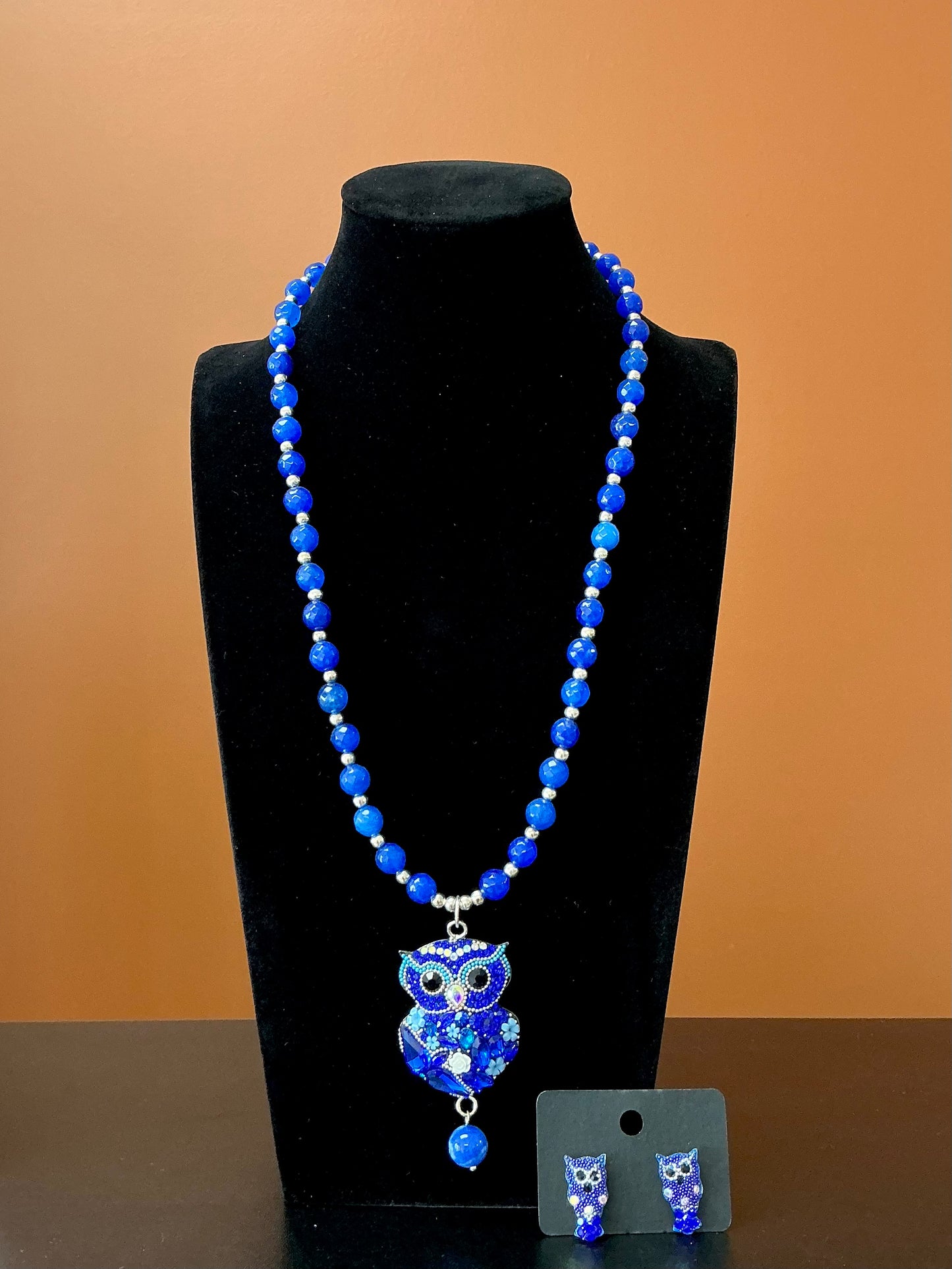 Owl Statement Necklace & Earrings - Blue