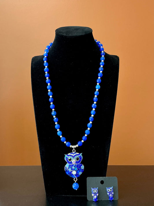Owl Statement Necklace & Earrings - Blue