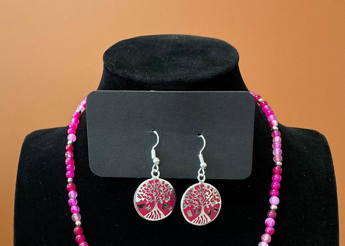Tree of Life Circle Necklace & Earrings - Pink
