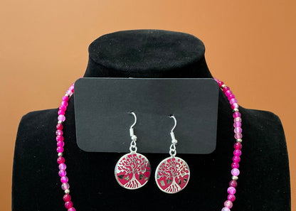 Tree of Life Circle Necklace & Earrings - Pink