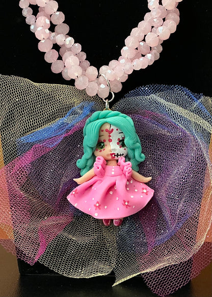 Pink Catrina Doll Necklace