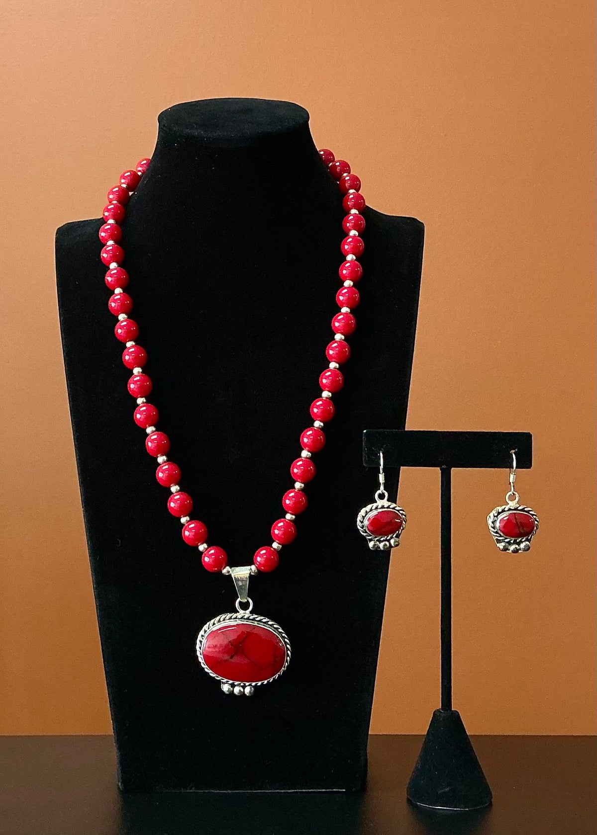 Coral Red Necklace & Earring Set - Oval