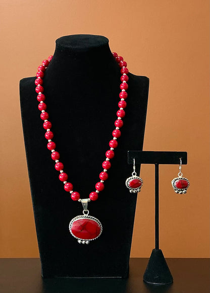 Coral Red Necklace & Earring Set - Oval