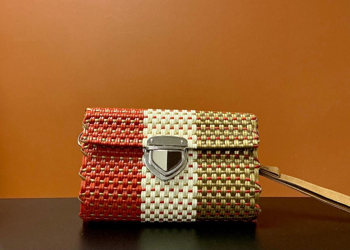 Handwoven Plastic Clutch - Red, White, & Gold