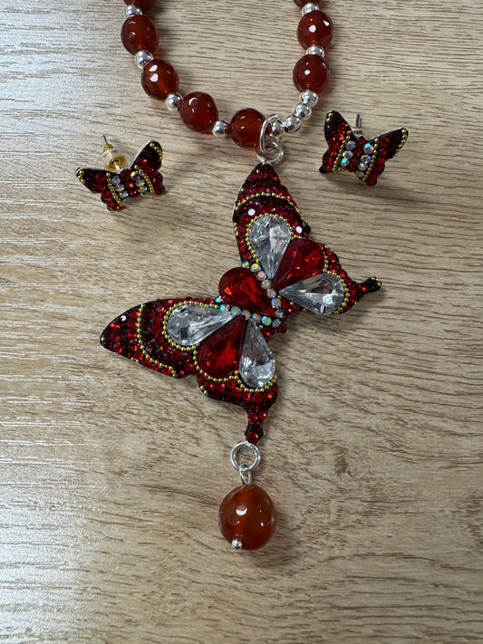 Mariposa Statement Necklace & Earrings - Red