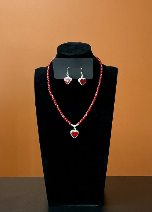 Heart Necklace & Earrings - Ruby Red