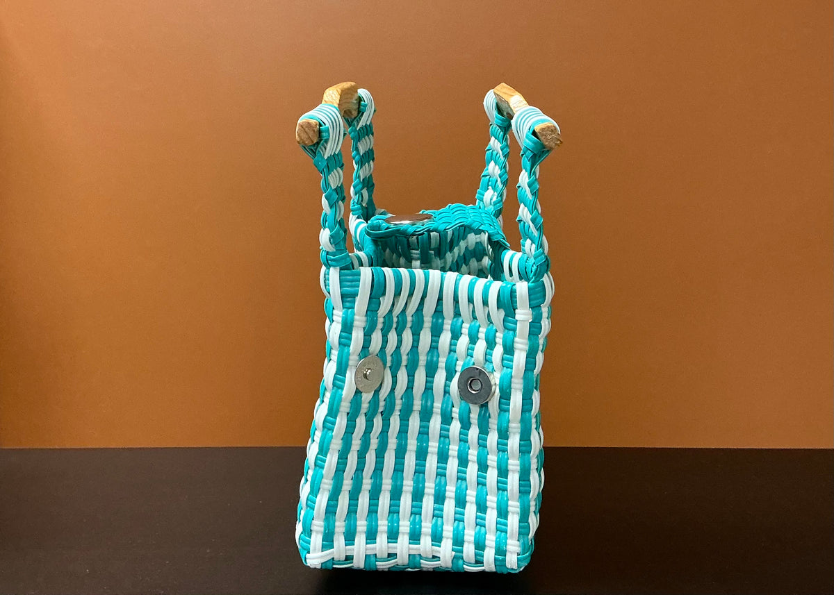 Mini Handwoven Plastic Bag - Teal & White