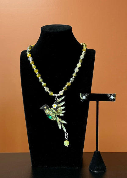 Hummingbird Necklace & Earring Set - Green
