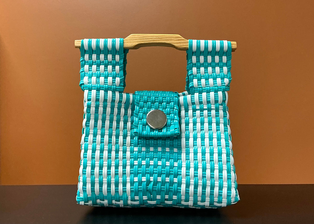 Mini Handwoven Plastic Bag - Teal & White