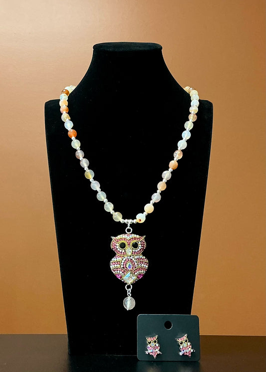 Owl Statement Necklace & Earrings - Peach