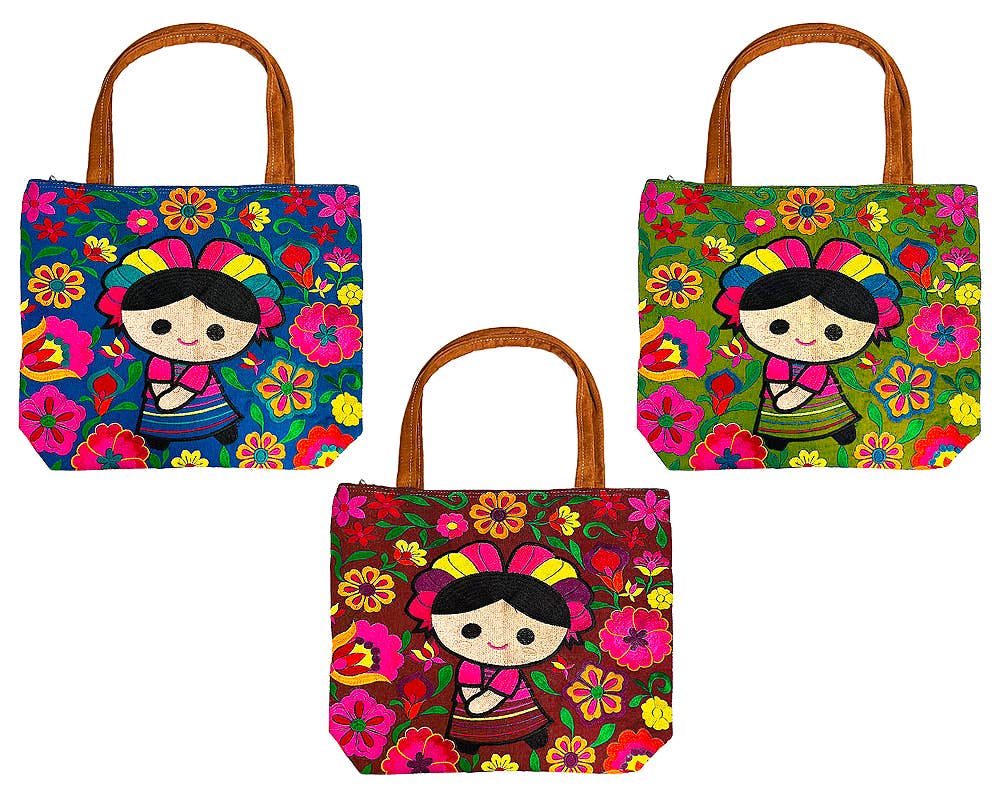 Embroidered Floral Muñeca Lelé Large Suede Tote Bag
