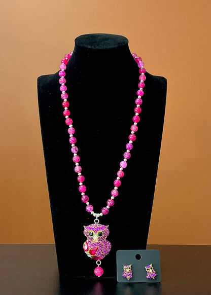 Owl Statement Necklace & Earrings - Pink