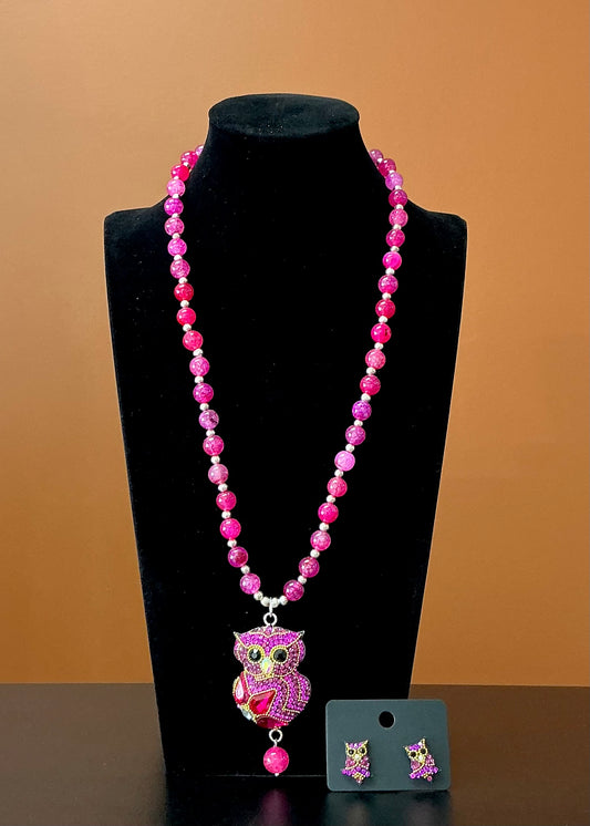 Owl Statement Necklace & Earrings - Pink