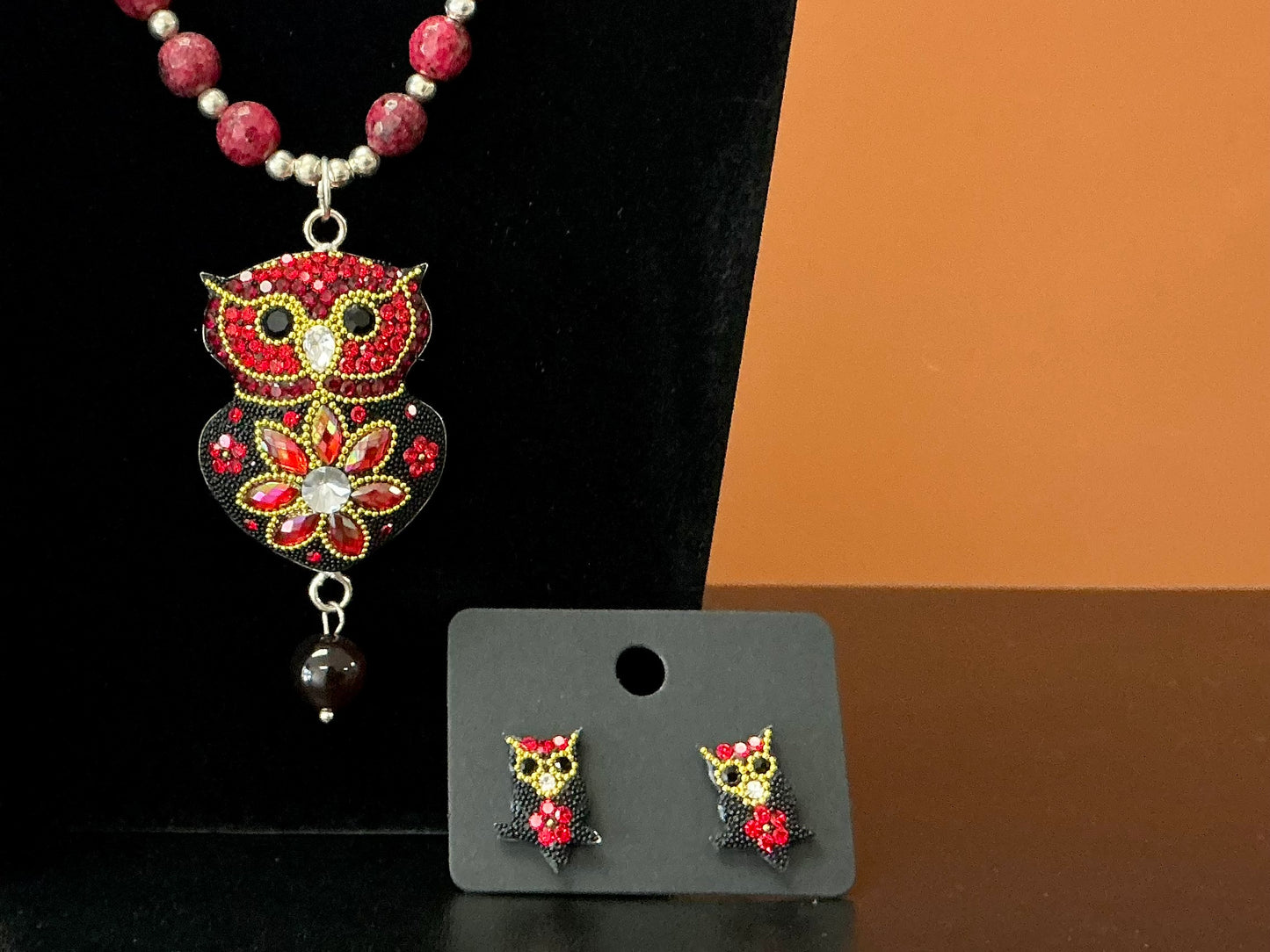 Owl Statement Necklace & Earrings- Red