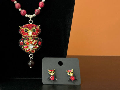 Owl Statement Necklace & Earrings- Red