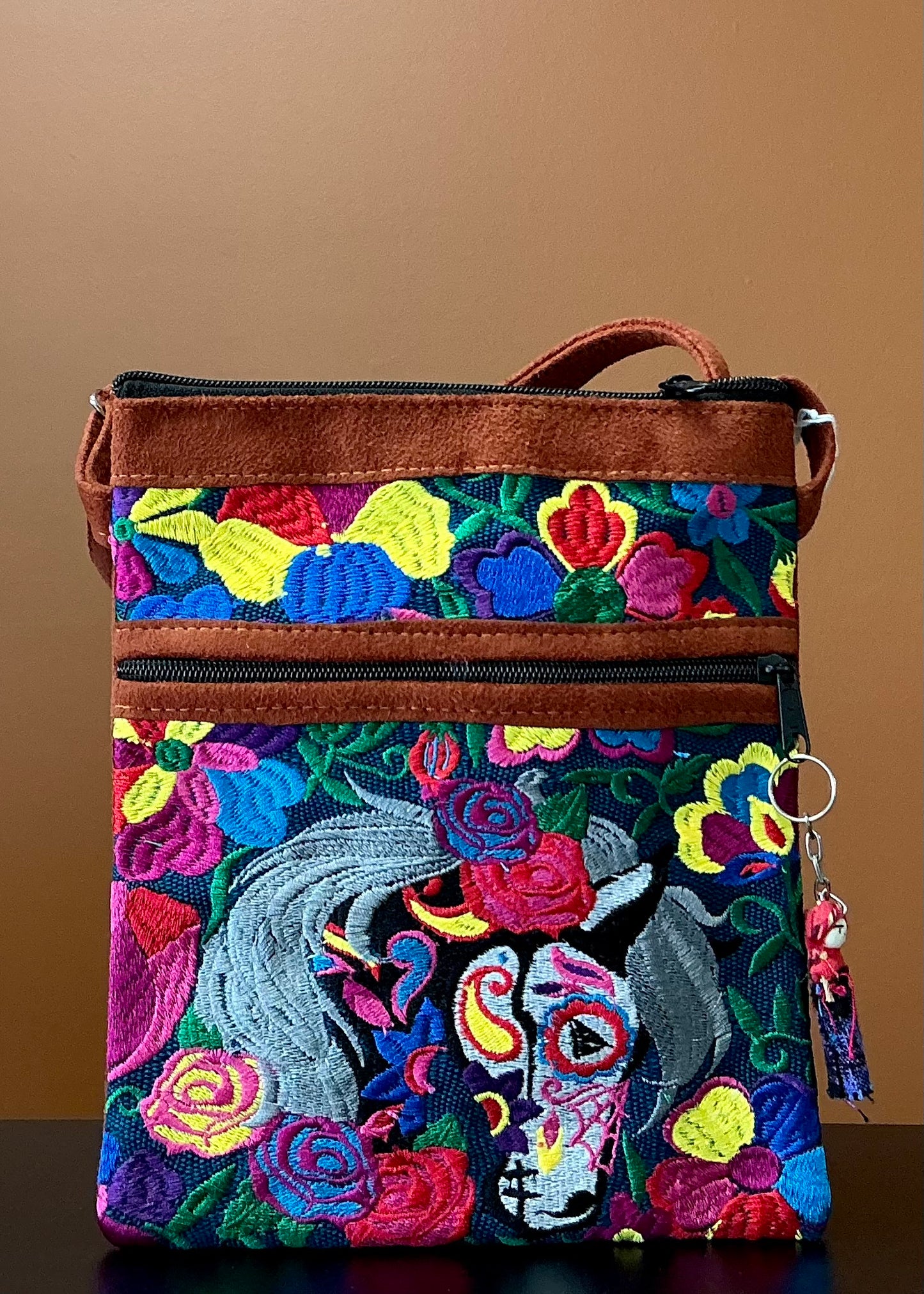 Embroidered Horse Leather Crossbody Passport Bag - Black Horse