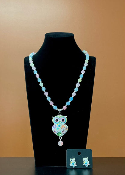 Owl Necklace & Earrings Set - White
